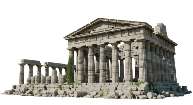 Majestic ancient Greek temple ruins with imposing columns and a crumbling pediment, on a transparent background
