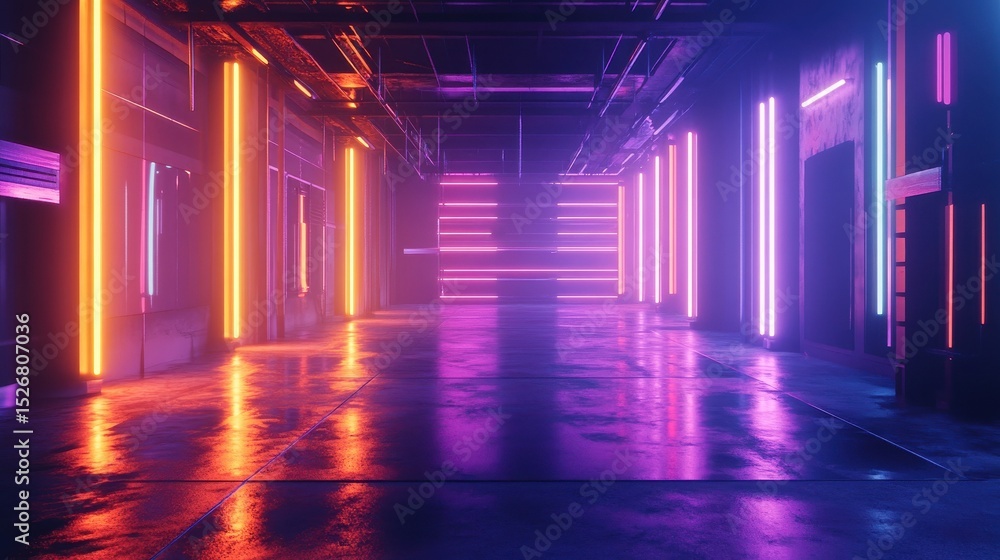 Aufkleber modern industrial studio features abstract shapes and shadows illuminated by vibrant neon led lights