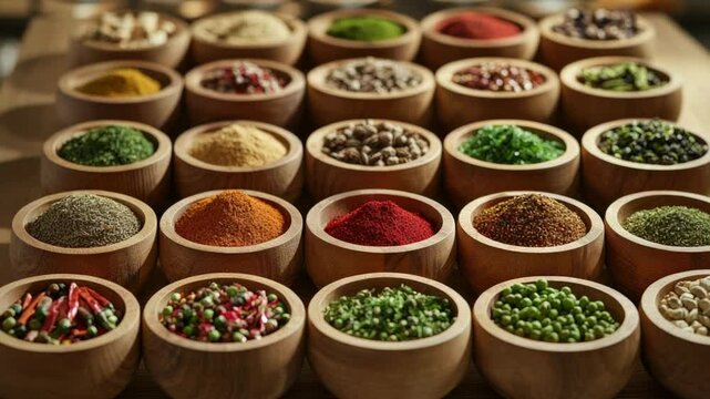 A collection of spices in various wooden bowls, ready for use in cooking or as decorative accents