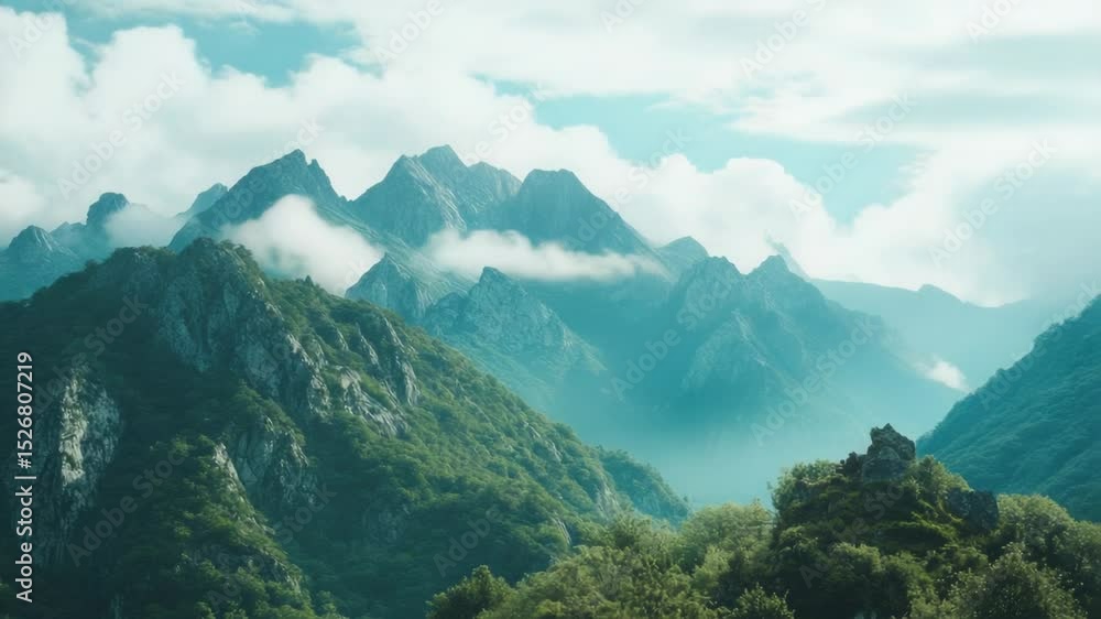 Poster a scenic view of a mountain range from a distance, great for use in travel or outdoor adventure cont