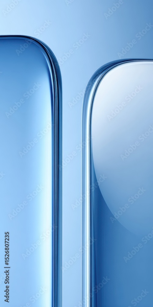 Poster curved blue glass shapes interweaving dynamically, generating sleek abstract visual pattern represen