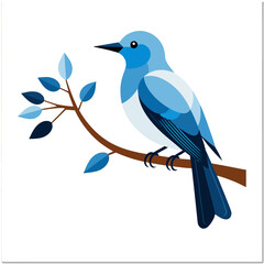 Stylized Blue Bird Illustration-Perched on a Branch with Leaves-Nature Inspired Art-Modern Bird Graphic for Decor or Design Projects