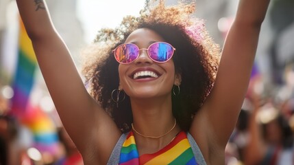 Young activists smiling and celebrating at pride parade