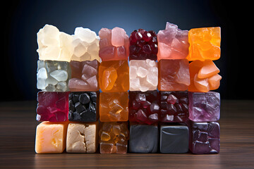 Colorful arrangement of artisanal soap bars displayed on a reflective surface at a craft fair