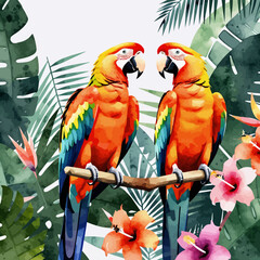 Naklejka premium Tropical Watercolor Parrots-Vibrant Birds Perched on Branch-Exotic Flora & Fauna-Jungle Scene Artwork-Colorful Parrot Illustration-Nature Inspired Design-Paradise Birds Art