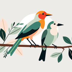 Two Birds on a Branch Illustration-Colorful Bird Art with Leaves-Modern Bird Drawing for Home Decor-Charming Nature Inspired Artwork-Vector Bird Design