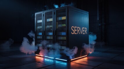 Server room with servers and smoke, data center, technology concept.