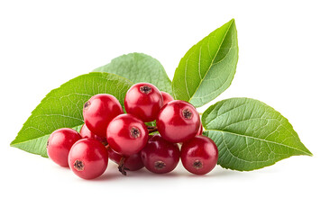Schisandra chinensis berries placed on green leaves against white background. Five flavor fruit, magnolia berry. Traditional chinese medicine ingredients, antioxidant, adaptogen. Healthy eating,