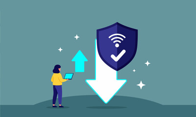 Secure Data Upload and Download.. Woman with laptop, up/down arrows, and secure Wi-Fi shield: secure data transfer and network protection.