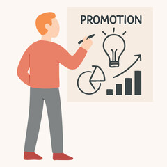 Flat Style Detailed Businessman Explaining Promotion Strategy on Whiteboard Illustration
