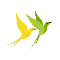 Obraz premium Two Hummingbirds in Flight - Green Bird and Yellow Bird Flying Together - Colorful Bird Illustration- Nature Art