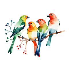 Watercolor Birds on a Branch Art- Colorful Bird Painting Illustration- Whimsical Bird Clipart for Nature Lovers- Beautiful Bird Wall Art Design