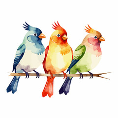 Watercolor Birds on a Branch-Colorful Bird Art-Illustration of Three Birds-Pastel Birds-Whimsical Bird Painting-Cute Bird Image-Bird Lover Art-Nature Art