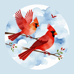 Watercolor Cardinals Art-Beautiful Pair of Red Birds on a Branch with Cloudy Sky-Nature Inspired Wall Decor-Perfect Gift for Bird Lovers-Unique Bird Illustration