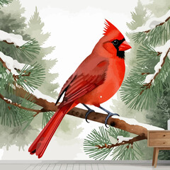 Watercolor Cardinal Bird Art-Winter Scene with Red Bird on Snowy Branch-Festive Holiday Decor-Nature Inspired Wall Art-Christmas Card Idea