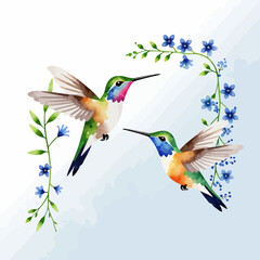 Watercolor Hummingbirds with Blue Flowers Illustration - Delicate Birds in Flight - Nature Art Print - Whimsical Floral Design - Colorful Avian Artwork