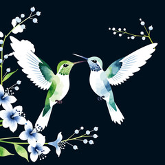 Watercolor Hummingbirds and Flowers-Elegant Bird Illustration-Blue and Green Artwork-Nature Inspired Design-Perfect for Art Prints and Home Decor