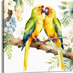 Watercolor Parrots Art Print-Vibrant Tropical Bird Illustration-Whimsical Parrot Couple on Branch-Nature Inspired Home Decor-Exotic Bird Painting-Colorful Wall Art