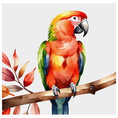 Watercolor Parrot on Branch-Vibrant Bird Art-Tropical Wildlife Illustration-Colorful Bird Painting-Exotic Animal Artwork-Nature Inspired Home Decor