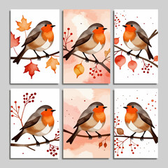 Watercolor Robin Bird Art Prints-Set of Six Fall Themed Wall Decor-Autumn Leaves and Berries Illustration-Perfect for Cozy Home Decorating