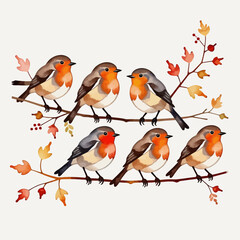 Watercolor Robins on Branch - Autumn Bird Illustration - Cute Bird Art - Fall Decor - Nature Inspired Artwork - Whimsical Robin Painting