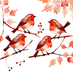 Watercolor Robins on Branches-Cute Bird Illustration-Autumnal Red Leaves-Perfect for Seasonal Designs-Festive Watercolor Birds Art-Nature Inspired Artwork