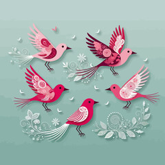 Whimsical Bird Art - Pink and Red Bird Illustrations - Delicate Floral Accents - Pastel Background - Cute Bird Decor - Decorative Bird Pattern - Artistic Bird Design
