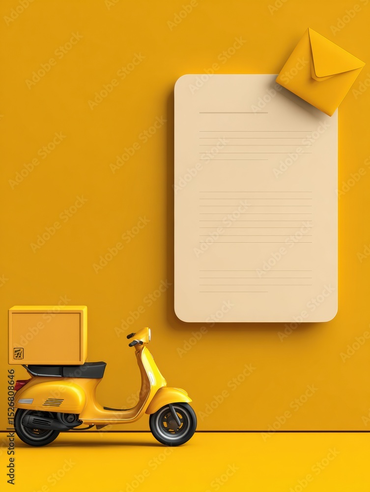 Poster animated phishing link disguised as delivery notice with yellow scooter and envelope on plain backgr