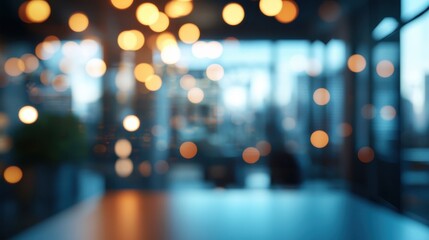 Blurred office interior with glowing bokeh highlights, ideal for corporate headers, wallpapers, and tech presentations