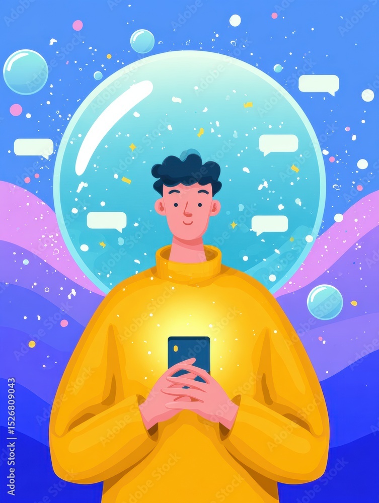 Poster Supportive Messages Surround Phone User in Glowing Bubble While Engaging With Device in Colorful, Calming Environment