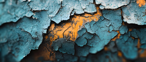 Flaking paint unveils cracked surface showing oxidized base, creating weathered effect.