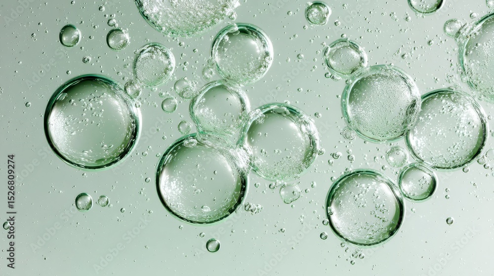 Poster green bubbles reflecting light, flowing in varying sizes, forming luminous abstract visual compositi