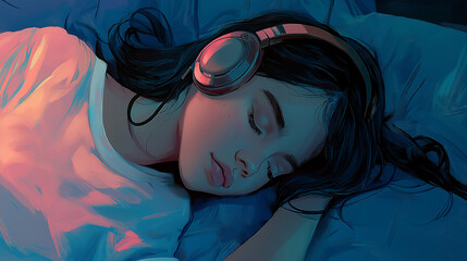 Peaceful Girl Sleeping with Headphones – Listening Day Illustration