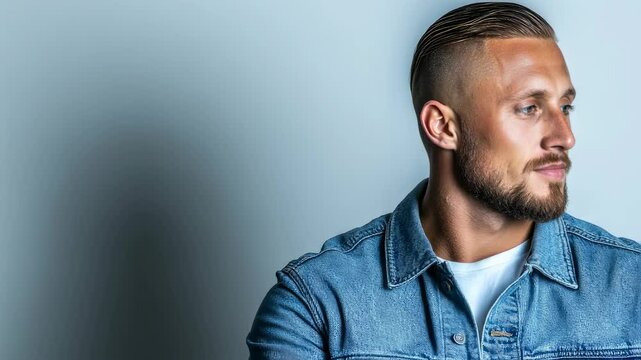 Young man turning head against neutral backdrop in denim jacket