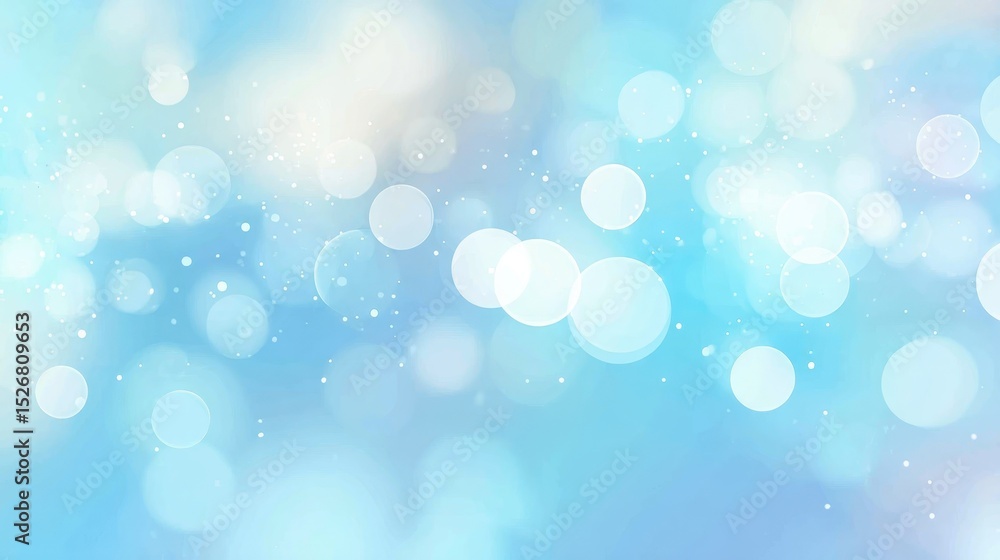 Poster luminous circular shapes and sparkling particles floating over soft blue gradient, generating dreamy