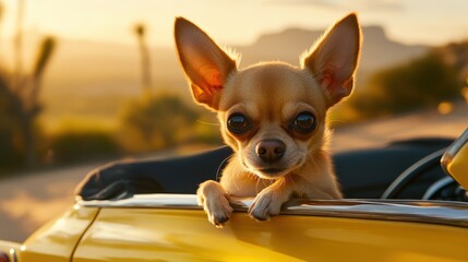 Chihuahua in yellow convertible, big eyes looking at camera, desert background, warm sunset colors, close-up, playful expression 2