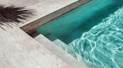 Bright sunlight reflecting off turquoise swimming pool water, travertine deck bordering pristine surface, palm tree shadow casting serene summer ambiance