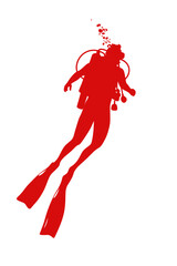 Red silhouette of a scuba diver in action