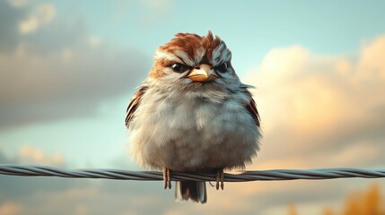 Grumpy Bird on a Wire: A 3D rendered illustration of a feathery friend with a grumpy expression perched on a wire, capturing a moment of avian contemplation.