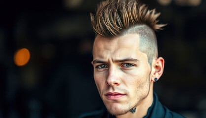 Edgy young man with fauxhawk and piercing gaze