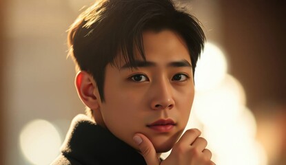 Pensive young man in warm lighting with thoughtful expression