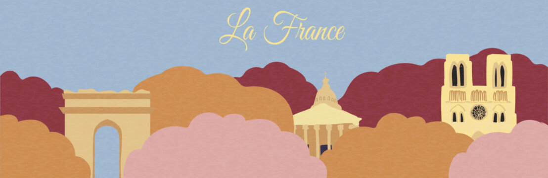 horizontal hand drawn vector illustration of Paris, France landscape, Panteon, Arc, Notre-Dame