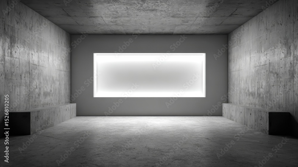 Poster empty concrete room with glowing frame and benches displaying minimalist architecture, creating a mo