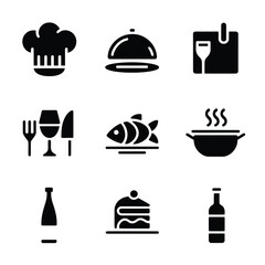 vector icons cooking food chef hat include a pizza slice, a sushi roll, spaghetti and meatballs, a curry bowl burger , fish 
