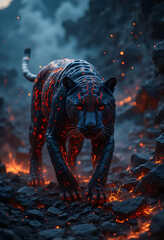 A black panther moves through a dramatic lava field, its powerful silhouette highlighted against the glowing volcanic rock.