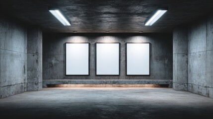 Obraz premium Three vertical mockup frames hanging in an underground concrete room, illuminated by fluorescent lamps above a sleek concrete bench, create a modern and minimalistic display space
