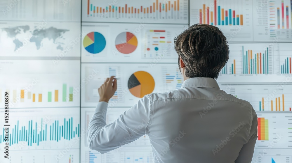 Poster a person in a white shirt analyzes various bar and pie charts displayed on a wall, focusing on data 