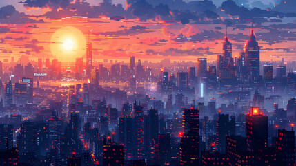 Obraz premium Pixel Art City Sunset Skyline