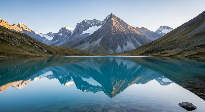 A tranquil mountain lake mirrors rugged, snow-capped peaks in crystal-clear water, creating a mesmerizing symmetrical view of nature's beauty.