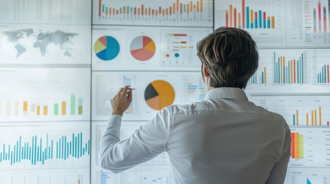 Fototapeta A person in a white shirt analyzes various bar and pie charts displayed on a wall, focusing on data visualization and business insights.